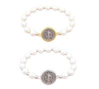 ZENRUIMING 2 Pcs St Benedict Medal St Christopher Faux Pearl Bracelet, Vintage Women's Stretch White Beaded Bracelet, Lucky Protection Accessories, Catholic Christian Religious Jewelry
