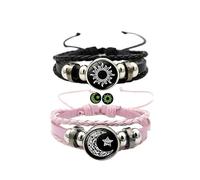 ZENRUIMING 2 Pcs Sun Star Moon Glow-in-the-dark Bracelet, Men and Women Black Leather Bracelet, Sun Moon Star Couple Bracelet, one size, No Gemstone