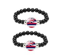ZENRUIMING 2 Pcs The state of HAWAII Flag Black Beaded Bracelet, Adjustable Handmade American State Flag Stretch Cord Bracelet