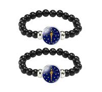 ZENRUIMING 2 Pcs The state of Indiana Flag Black Beaded Bracelet, Adjustable Handmade American State Flag Stretch Cord Bracelet
