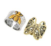 ZENRUIMING 2Pcs Punk Animal Adjustable Open Rings for Men, Vintage Gold Bee Hollow Butterfly Alloy Ring Set, Cool Hip Hop Statement Jewelry Gift