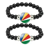 ZENRUIMING 2Pcs Seychelles Flag Beaded Bracelet, Handmade Black Elastic Bracelet, African Jewelry, Seychelles Tourism Souvenir, Adjustable, Resin, no gemstone, Adjustable, Resin, no gemstone