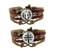 ZENRUIMING 2PCS St. Benedict Bracelet for Women Men, Vintage Leather Wrap Bracelet Catholic Religious Charm Protection Jewelry Set, Boho Infinity Multilayer Handmade Wristband
