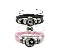 ZENRUIMING 2pcs sun star moon glow-in-the-dark bracelets, men's and women's black leather bracelets, sun moon star couple bracelet, Black,pink, Leather