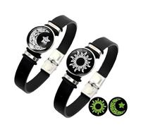 ZENRUIMING 2pcs sun star moon glow-in-the-dark bracelets, men's and women's black leather bracelets, sun moon star couple bracelets, One Size, Leather, glass