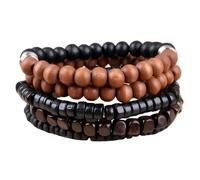 ZENRUIMING 5PCS Wood & Black Stone Beaded Bracelets Set for Men Women, Stackable Stretch Bracelets, Natural Wooden Beads with Black Beads, Elastic Wrist Bracelets for Everyday Wear