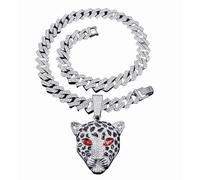 ZENRUIMING Full Rhinestone Fierce Leopard Necklace, Men Hip Hop Exaggerated Chunky Cuban Chain Leopard Head Animal Pendant