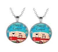 ZENRUIMING Happy Camper Necklace Set of 2, Vintage Camper Trailer Pendant, Adjustable Glass Zinc Alloy Necklace for Women & Men, Birthday Valentine’s Day Anniversary Family Gathering Gift
