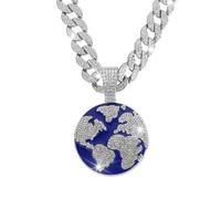 ZENRUIMING Hip Hop Full Rhinestone Blue Earth Necklace, Eco-friendly Earth Pendant Cuban Chain, Men's and Women's Zinc Alloy Chunky Necklace
