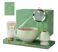 ZENS 6pcs Matcha Set, Matcha Whisk, Matcha Making Kit with Green Sakura Bowl & (Chasen Holder), Bamboo Scoop, 304 Sifter, Tea Mat for Japanese Matcha Tea Ceremony