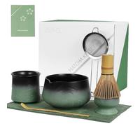 ZENS 7pcs Matcha Set, Matcha Tea Ceremony Kit Includes Ceramic Bowl and Matcha Cup, (Chasen Holder), Bamboo Whisk, Scoop, Sifter and Tea Mat for Matcha Latte, Japanese Making Usucha, Sage Green