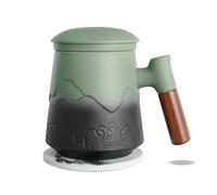 ZENS Embossed Ceramic Tea Cup with Lid, 450 ML Wood Handle Infuser Mug with Coaster and Strainer for Loose Tea Lovers Gifts, Steeper Accessories