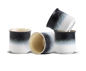 ZENS Japanese Tea Cup Set of 4, 240ml Gradient Embossed Ceramic Cups for Hot Tea or Matcha, Handle-Less Asian Style, Chinese, Occupied Japan, Black White
