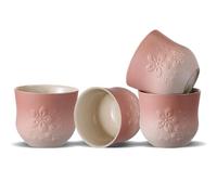 ZENS Japanese Tea Cups Set of 4 - 210ml Ceramic Handleless Tea Cups, Embossed Design, Traditional Japanese Style Cups for Matcha Tea, Hot Tea, Espresso, Pink