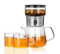 ZENS Modern Glass Tea Infuser Teapot Set, Smart One Touch Tea Maker for Loose Tea Diffusers with 2 Gongfu Cups, Cool Enchanted Tea Pot Alternatives for Black Tea Lovers Gifts-400ml