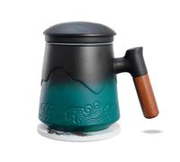 ZENS tea Infuser Mug with Lid, 450 ML Embossed Ceramic Strainers for Loose Leaf Diffusers, Wood Handle Steeper with Coaster for Tea Lovers