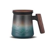ZENS Tea Infuser Mug with Lid for Loose Leaf Tea, 430ml Tea Cup, Blue | Embossed Ceramic Tea Strainers for Loose Tea Diffusers, Wood Handle Mug for Heabal Tea Lovers Gifts