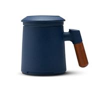 ZENS Tea Infuser Mug with Lid, Wood Handle Ceramic Loose Leaf Tea Steeper Cup, 360ML Matte Navy Blue Tea Steeping Mug Gifts.