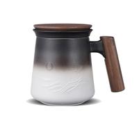 ZENS Tea Mug with Infuser and Lid 430ml Embossed Ceramic Tea Cup with Strainer for Hot Tea Diffusers, Wooden Handle Loose Tea Cup, Tea Accessories