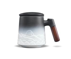 ZENS Tea Mug With Infuser and Lid, 500ML Embossed Ceramic Loose Leaf Cup With Fine Strainers for Diffusers, Wood Handle Infuser Mug for Steeper, Accessories for Women, Gifts for Tea Lovers