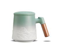 ZENS Tea Mug with Infuser and Lid for Loose Leaf Steeper, 16.9 oz Embossed Ceramic Tea Cup with Fine Tea Strainers, Wood Handle Large Tea Diffusers Mugs for Tea Lovers Gifts