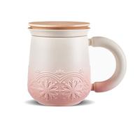 ZENS Tea Mug with Infuser and lid for Loose Tea Steeping, 330ml Embossed Ceramic Tea Cup with Infuser, Wood Lid Loose Leaf Tea Infuser for Black Tea Lovers Gifts, Pale Pink