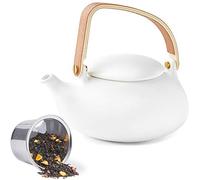 ZENS Teapot with Infuser, Ceramic Japanese 2cup Teapot for Loose Leaf Tea, 800ml Small Matte White Porcelain Tea Pot Gift with Modern Bentwood Handle