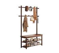 ZENSTYW Solid Wood Hall Tree With Shoe Bench,Freestanding Entryway Coat Rack With 2-Tier Shoe Storage Shelves,Multifunctional Mudroom Organizer For Coats,Bags,Hats(Walnut,70cm/27.6in)
