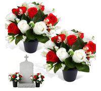 ZentaStar 2 Pcs Grave Pots with Artificial Flowers, 25cm Purple Funeral Flowers, 12 Head Roses Artificial Flowers for Graves, Cemetery Memorial Flowers for Christmas (red)