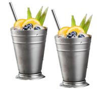 Zentriqlla Set of 2 Mint Julep Cups, 12 oz Stainless Steel Drinking Cups with Straws, Silver Vintage Metal Cocktail Glasses for Derby Party Supplies, Outdoors, Camping, Beer Juice Beverage