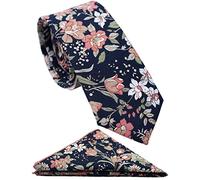 ZENXUS Mens Casual Skinny Floral Tie Combo Set with Flower Pocket Square 2½" Cotton Necktie Hand Made, Navy Pink