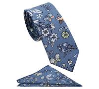 ZENXUS Mens Casual Skinny Floral Tie Combo Set with Flower Pocket Square 2½" Cotton Necktie Hand Made, Blue White