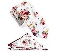 ZENXUS Mens Casual Skinny Floral Tie Combo Set with Flower Pocket Square 2½" Cotton Necktie Hand Made, White/Rose