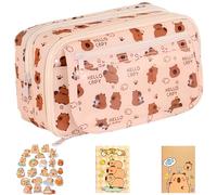ZenyTra 9-Compartment Capybara Pencil Case Set, Brown, with 2 Notebooks and 20 Stickers, Large Pencil Case with Zip for School, Cute Desk Accessories in Natural Colours