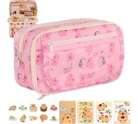 ZenyTra 9-Compartment Capybara Pencil Case Set, Pink, with 2 Notebooks and 20 Stickers, Large Pencil Case with Zip for School, Cute Desk Accessories for Girls and Boys