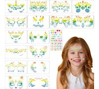 ZenyTra Face Painting Stencils Set with Glitter Sticker - Reusable DIY Stencils for Children (20 x 12 cm) Animal, Flower, Wings & Halloween Motifs for Party, Carnival & Celebration, Pack of 16