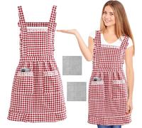 ZenyTra Vintage Smock Apron Premium Set for Women | Checked Apron Bordeaux | Cotton, 2 Pockets & Adjustable | For Kitchen Garden Crafts & Gift for Grandma, Mum, Christmas (Includes 2 Dishcloths)