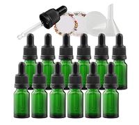ZEOABSY 12 Pack, 10ml Empty Green Glass Dropper Bottles with Glass Pipettes, Tamper-evident screw cap for Essential Oil Aromatherapy Blends Cosmetic Elite Fluid Container, 2x funnel