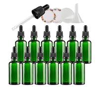 ZEOABSY 12 Pack, 50ml Empty Green Glass Dropper Bottles with Glass Pipettes, Tamper-evident screw cap for Essential Oil Aromatherapy Blends Cosmetic Elite Fluid Container, 2x funnel