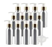 ZEOABSY 12 Pcs 100ml Empty Round Silver Aluminum Lotion Pump Bottles with White Pump Gold Ring for Shampoo Body Washing Cream,Essential Oil Liquid Dispenser