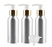 ZEOABSY 3 Pcs 100ml Empty Round Silver Aluminum Lotion Pump Bottles with White Pump Gold Ring for Shampoo Body Washing Cream,Essential Oil Liquid Dispenser