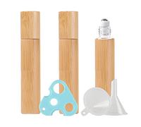 ZEOABSY 3PCS 10ml Bamboo Roll-on Bottles Refillable Essential Oil Roller Bottles with Stainless Steel Roller Balls, Bamboo Caps USE for Fragrance, Perfume Aromatherapy + 1 x Opener, 1 x Funnel
