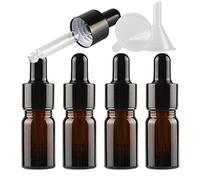 ZEOABSY 4 Pack, 5ml Empty Amber Brown Glass Dropper Bottles with Glass Pipettes, Black Screw Ring Vials for Essential Oil Aromatherapy Blends Cosmetic Elite Fluid Container, 1x funnel