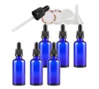 ZEOABSY 6 Pack, 50ml Empty Blue Glass Dropper Bottles with Glass Pipettes, Tamper-evident screw cap for Essential Oil Aromatherapy Blends Cosmetic Elite Fluid Container, 1x funnel