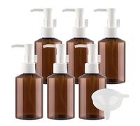 ZEOABSY 6 Pieces 100ml Refillable Amber Lotion Bottle with White Pump, 100 ml Empty Plastic Shampoo Liquid Hand Soap Shower Bottles, Gel Essential Oil Containers,Washing Cream + 1 x Funnel