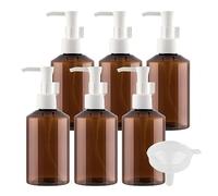 ZEOABSY 6 Pieces 150ml Refillable Amber Lotion Bottle with White Pump, 150 ml Empty Plastic Shampoo Liquid Hand Soap Shower Bottles, Gel Essential Oil Containers,Washing Cream + 1 x Funnel