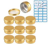 ZEOABSY Pack of 10, Empty 50ml Gold Aluminium Tins with Screw Lids Round Cosmetics Containers Pots Storage Jars for Lip Balm DIY Candle Salve Powder Crafts with 5 Spatula, 1 Labels
