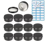 ZEOABSY Pack of 10, Empty 50ml Matte Black Aluminium Tins with Screw Lids Round Cosmetics Containers Pots Storage Jars for Lip Balm DIY Candle Salve Powder Crafts with 5 Spatula, 1 Labels