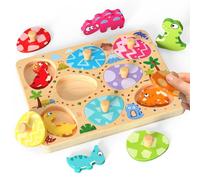 Zeoddler Wooden Puzzle for Kids, 8 Pieces Matching Dinosaurs, Montessori Toys for Boys and Girls, Birthday Gifts, Preschool Learning Activities and Toys