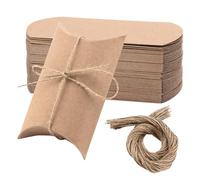 ZEONHAK 150 PCS Kraft Pillow Candy Box, 13 x 8.8cm Pillow Gift Box with 150 PCS Jute Twines for Anniversary, Birthday